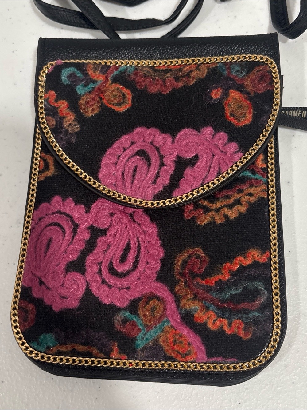 NWT Crossbody Phone Bag — Black with multi color Embroidered Paisley - Picture 2 of 5